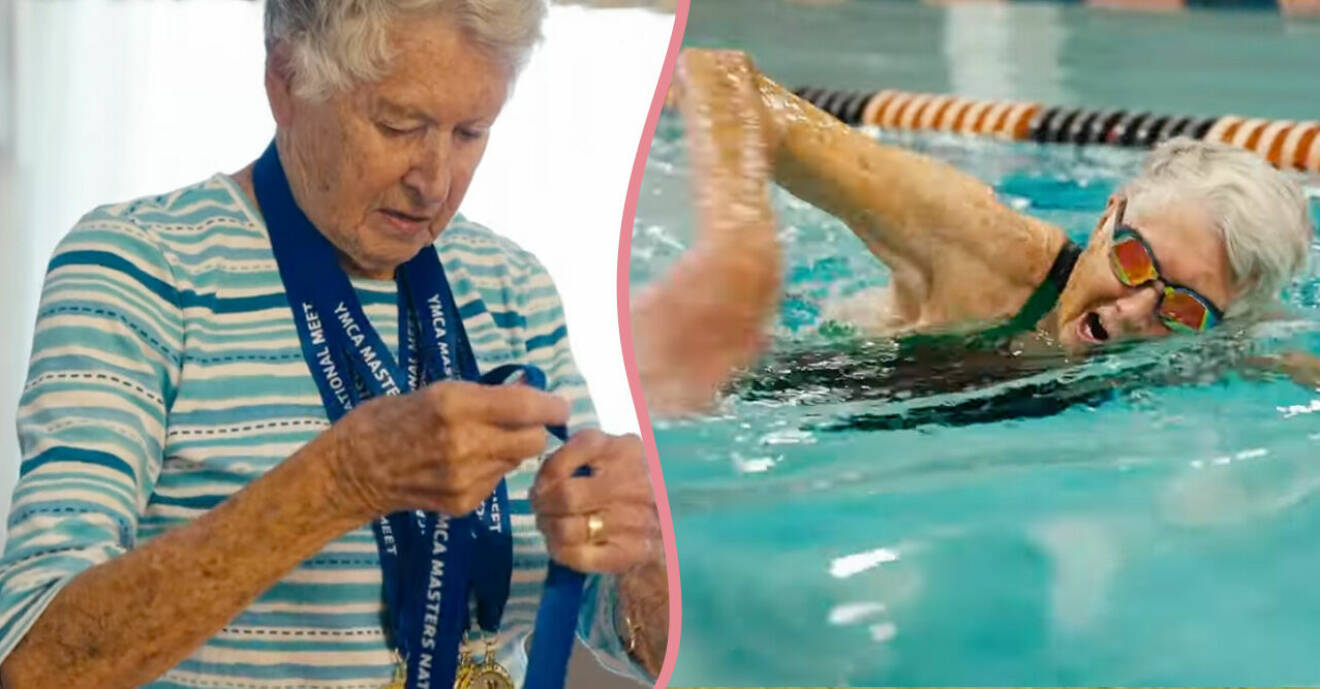 Splitbild Judy Young håller i sina guldmedaljer och simmar