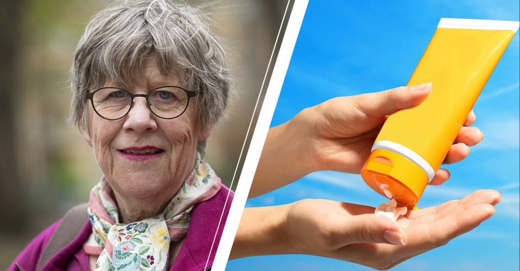 Vänster: Agnes Wold. Höger: En hand som håller i en tub med solkräm.