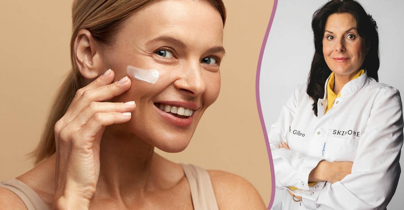 Splitbild: En kvinna applicerar ansiktskräm, dermatologen Johanna Gillbro