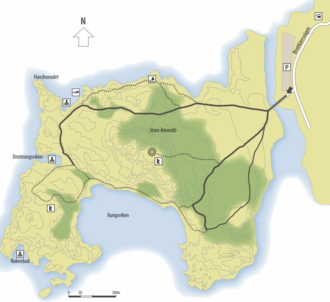 Glöm int badkläder och picknick! <a href="https://goteborg.se/wps/wcm/connect/6830c88a-6f51-45a6-94b1-a3f3473983a0/Tv%C3%A5vik_Stora+Amund%C3%B6n.pdf?MOD=AJPERES" target="_blank" rel="noopener">Se större karta här.</a> Stora Amundö