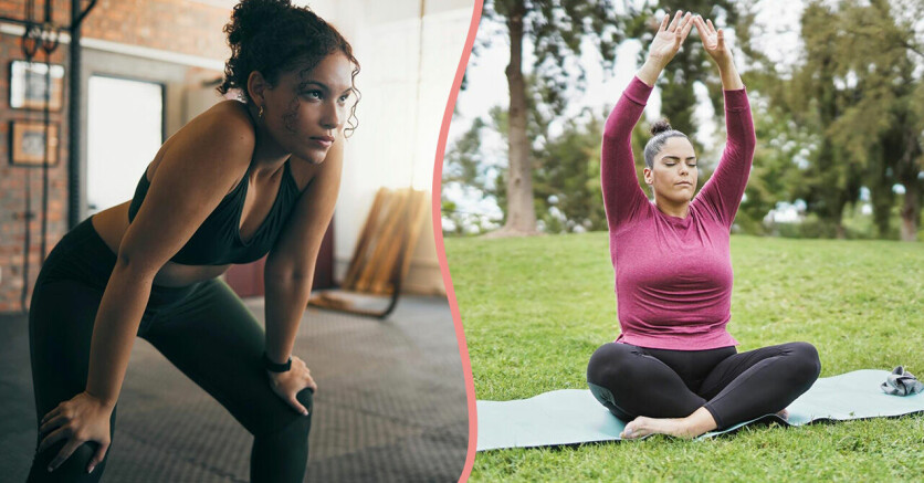 Splitbild: En kvinna på gymmet, och en kvinna som yogar