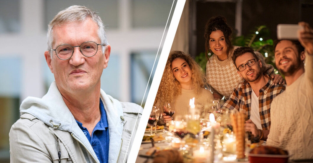 Anders Tegnell och en familj som sitter vid middagsbordet och har ett videosamtal.