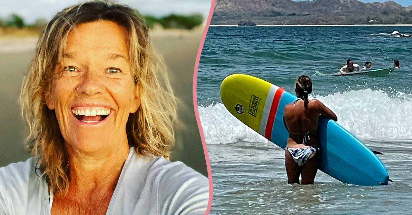 Splitbild: Annette Forslund ler och tittar in i kameran, och Annette står med surfingbräda