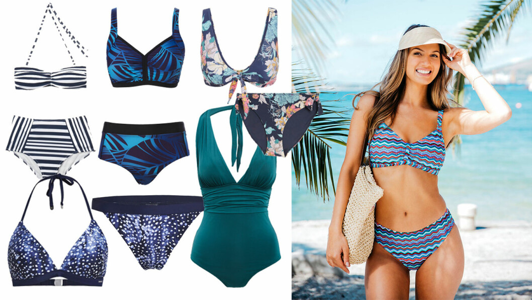 Blått, turkost och grönt är härliga strandnyanser – och extra snyggt på bikinis och baddräkter. Bilden till höger: Vadderad behå, stl 38–48 i C–D-kupa, 269 kr och trosa, stl 38–48, 229 kr, Trofé, armband 349 kr, Pilgrim, strandväska 229 kr, KappAhl och skärmkeps 129 kr, ellos. Badddräkter och bikinis i olika blå och gröna nyanser intill bild på ung kvinna i blårandig bikini
