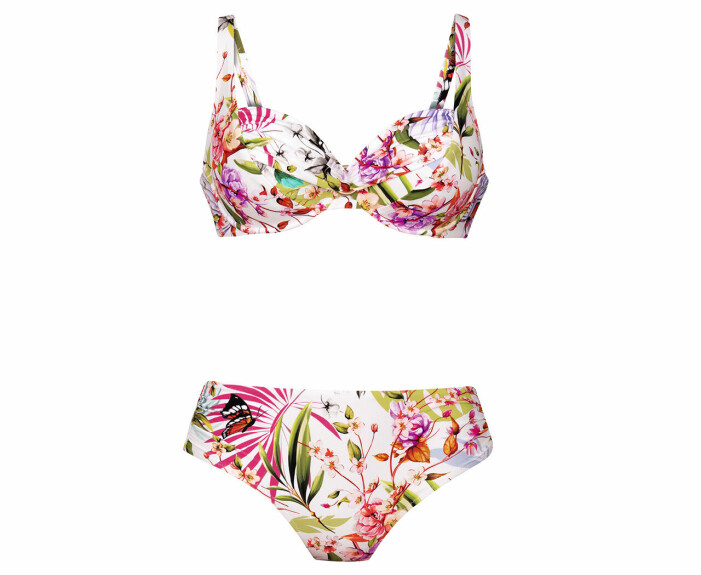 blommig bikini på vit botten