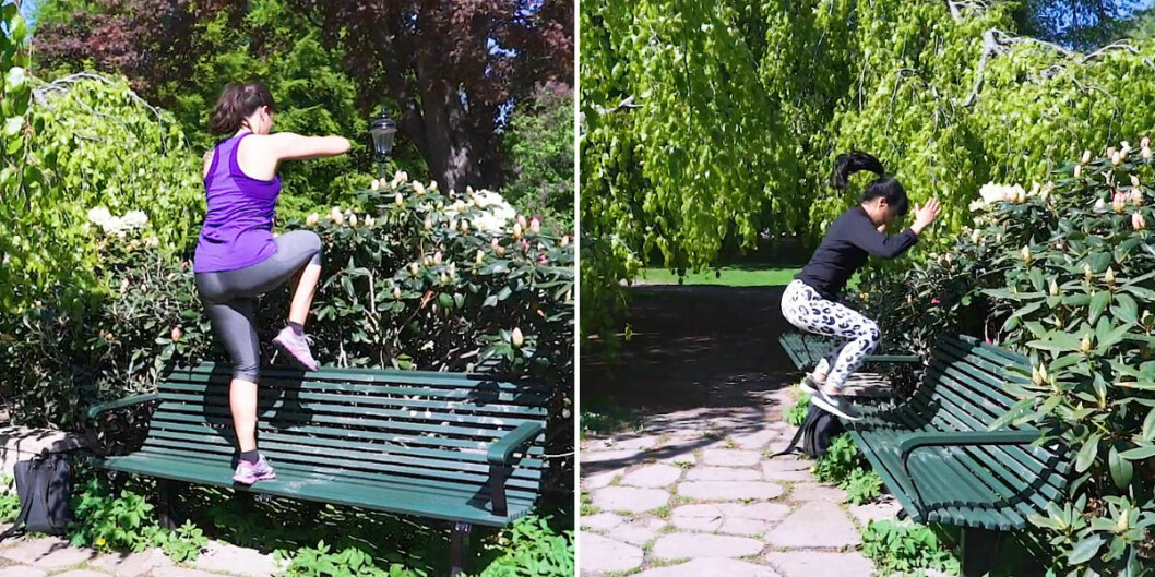 Step ups och box jumps på parkbänk.