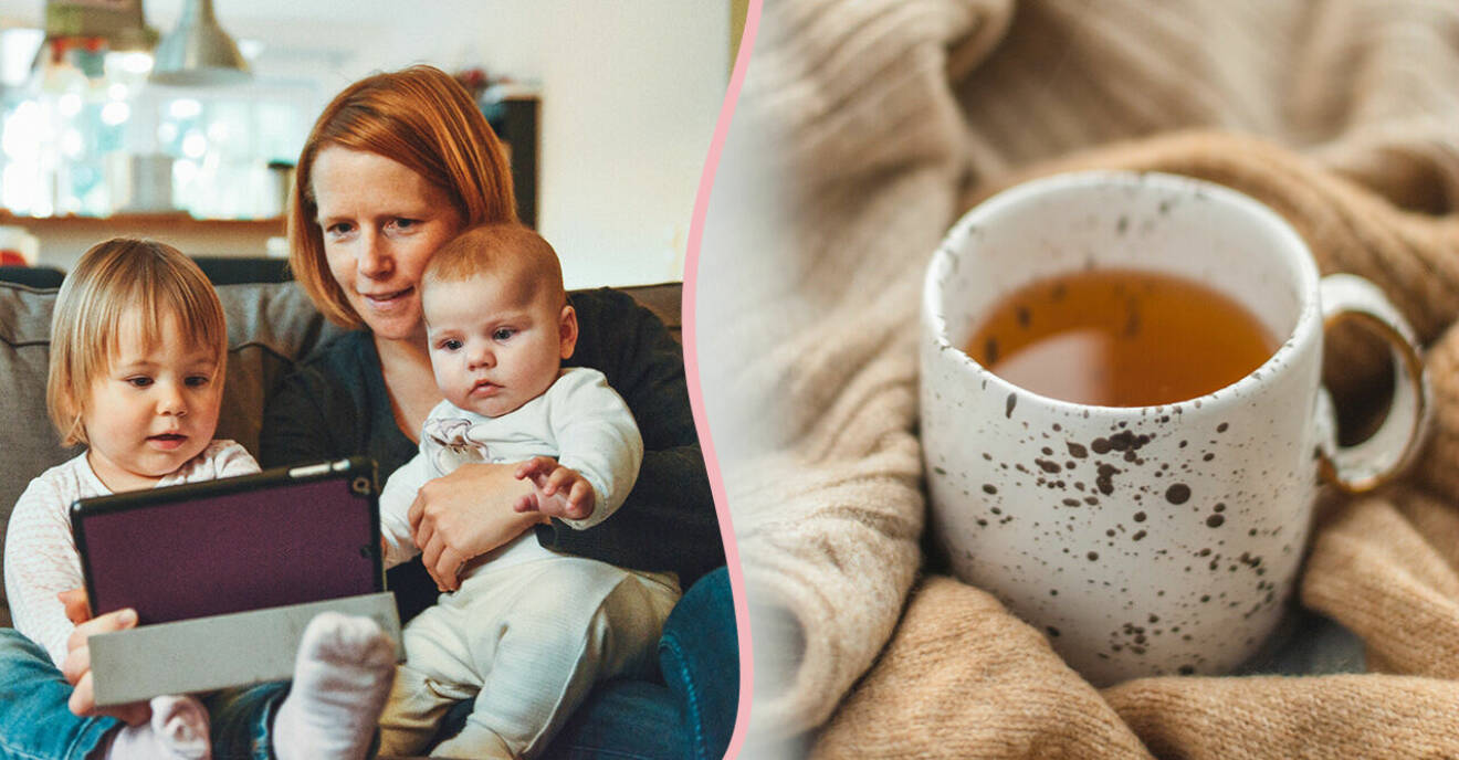 Mamma och barn i soffan med en kopp te.