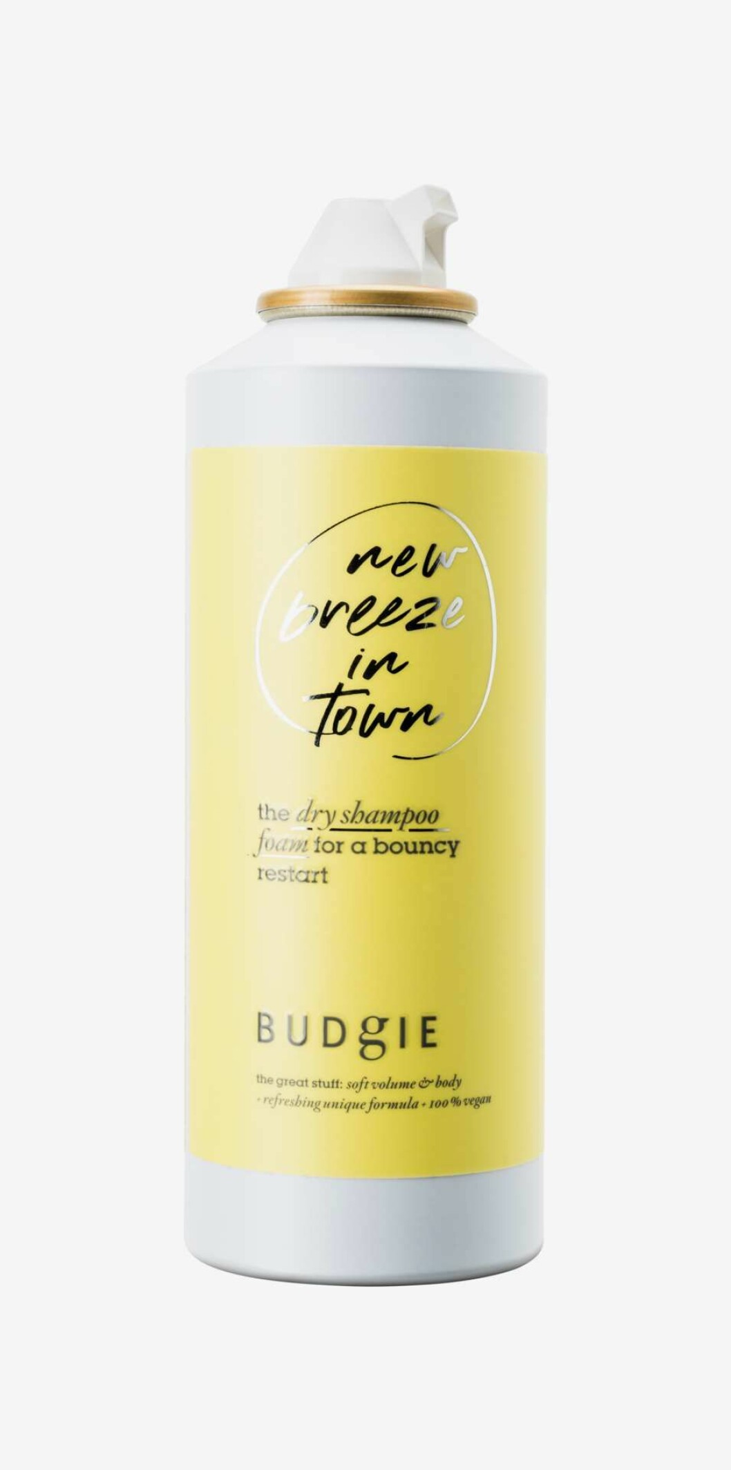 En bild på ett torrshampo, produkten Budgie – The Dry Shampoo Foam.