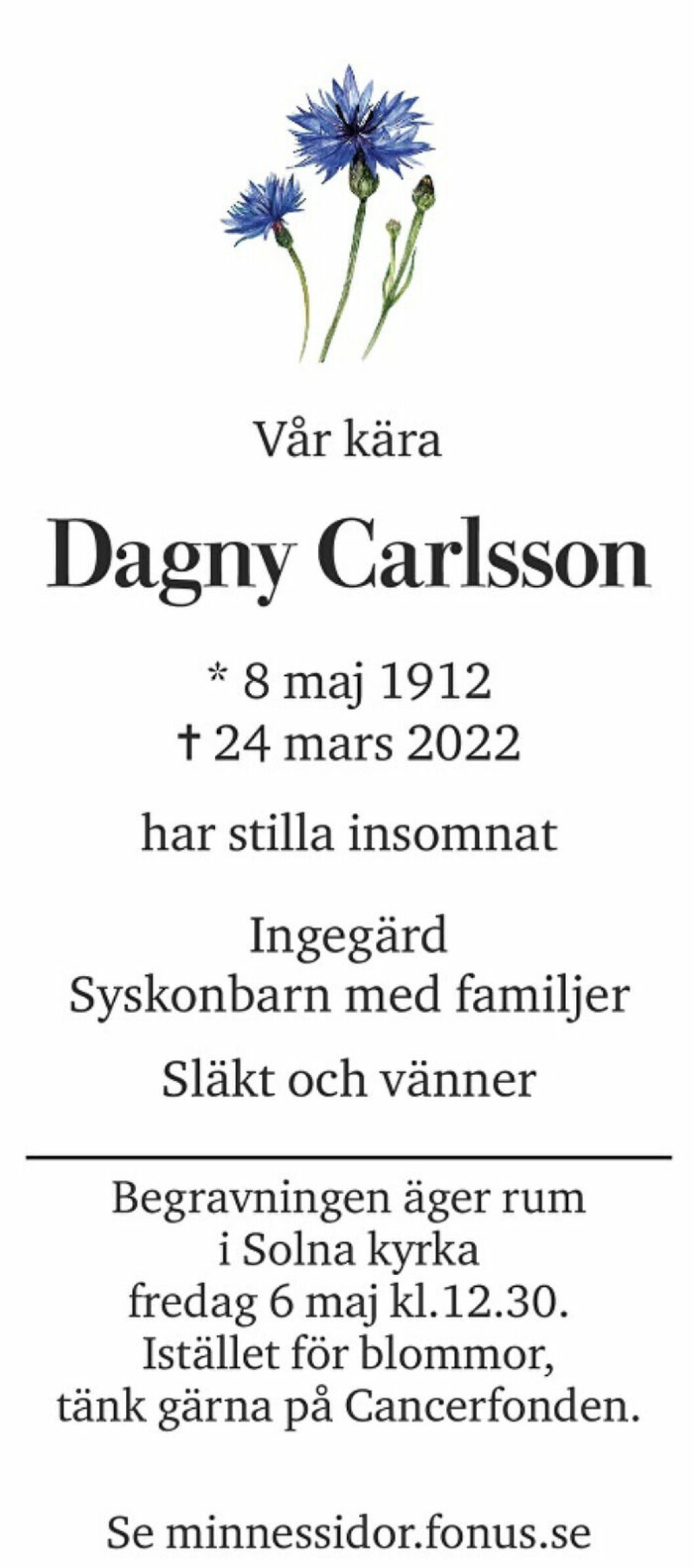 Dagny Carlssons dödsannons. dödsannonsen