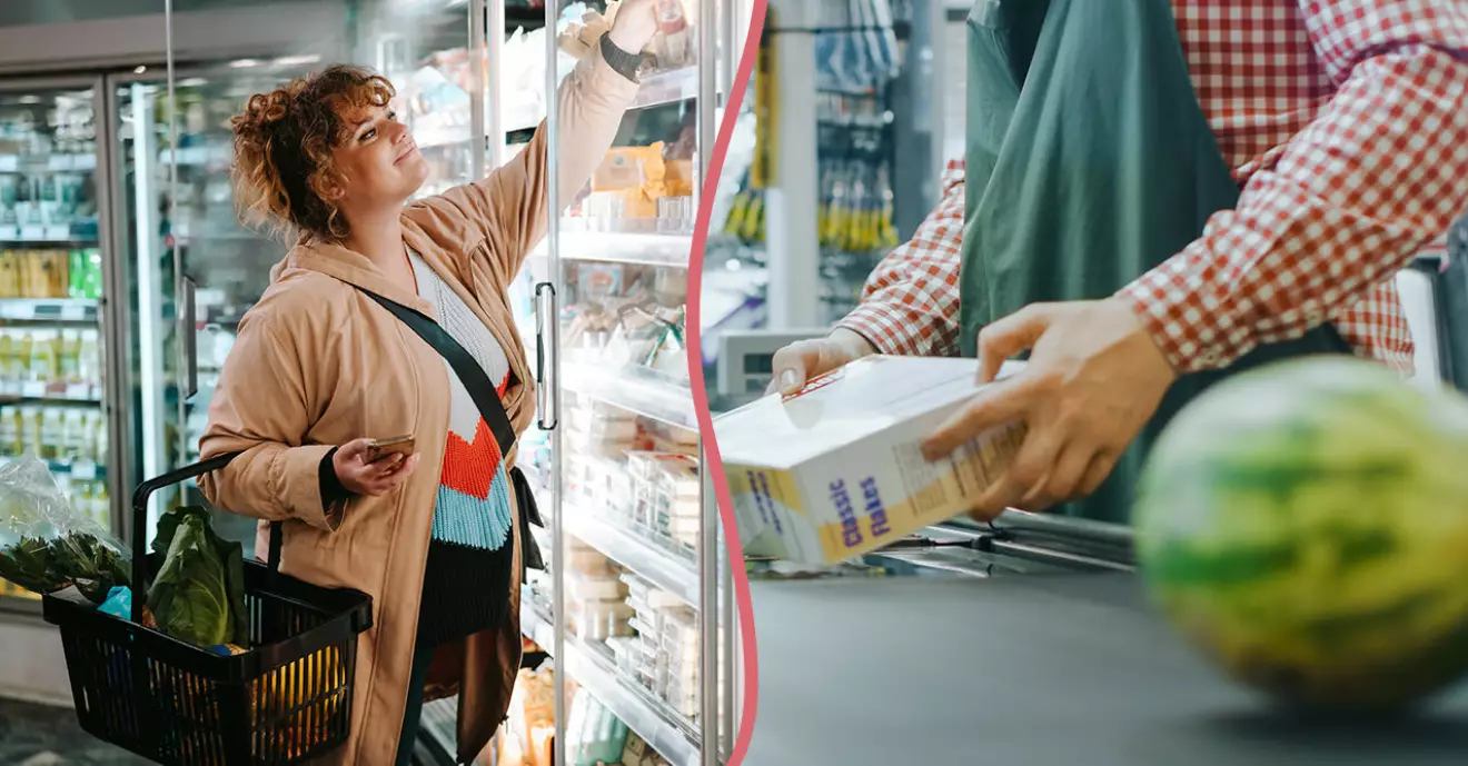 Splitbild: Kvinna handlar och kassabiträde scannar varor