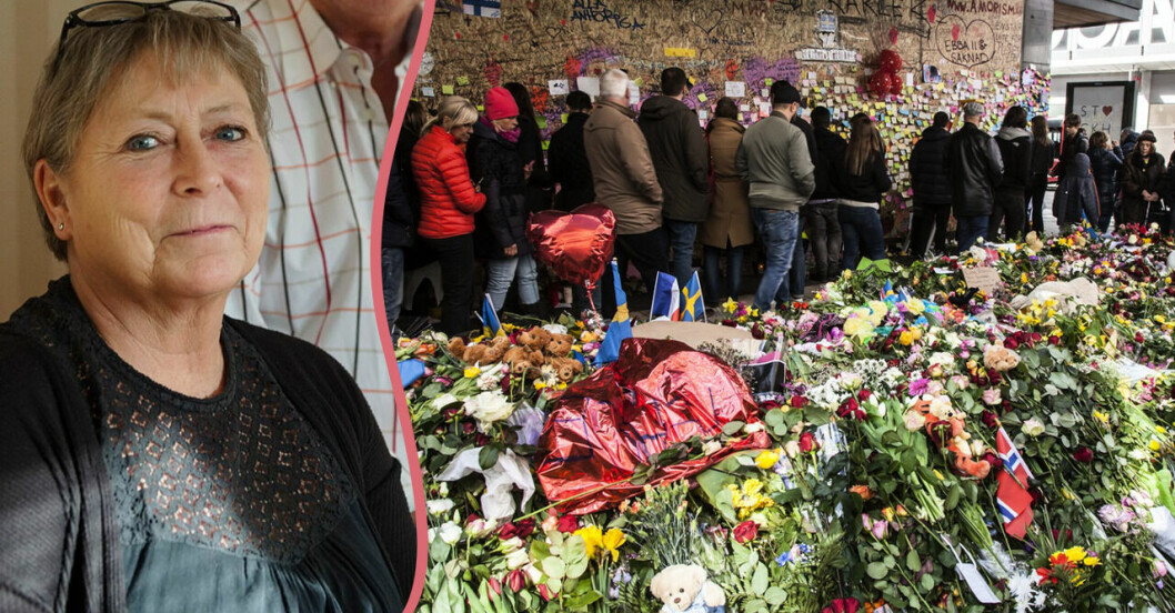 Marita Björkman och havet med blommor efter terrorattentatet på Drottningatan