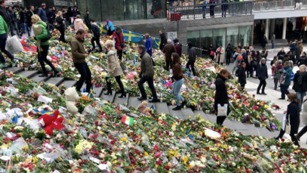 Efter terrordådet i Stockholm i april 2017. Foto: Kanal 5 Sergels torg i Stockholm efter terrordådet