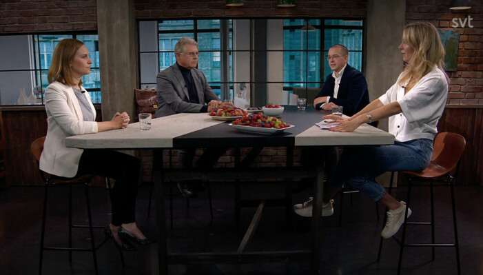 FIRE-anhängaren Sandra Bourbon, ekonomen Klas Eklund, psykologen Niklas Laninge, programledaren Carolina Neurath i SVT:s Ekonomibyrån. Foto: SVT Play. FIRE-anhängaren Sandra Bourbon, ekonomen Klas Eklund, psykologen Niklas Laninge, programledaren Carolina Neurath i SVT:s Ekonomibyrån