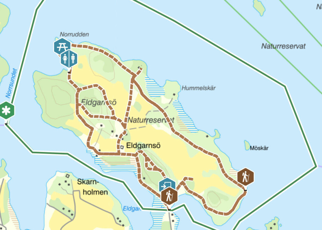 En fin rundvandring på ön. <a href="https://naturkartan.se/sv/stockholmslan/eldgarnso" target="_blank" rel="noopener">Se karta här.</a> Eldgarnsö, karta.