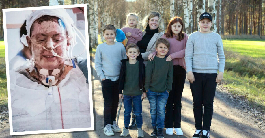 Emma Schols med sina 6 barn och när hon var gipsad på sjukhuset