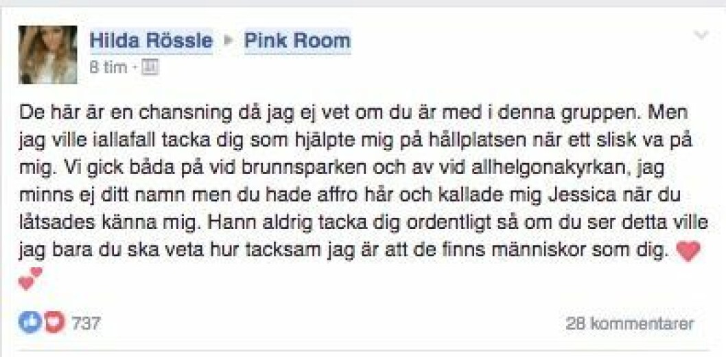 Hildas inlägg på Facebook för att hitta tjejen som hjälpte. Foto: Facebook Hildas inlägg