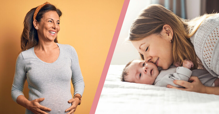 gravid medelålders kvinna samt ung mamma med bebis