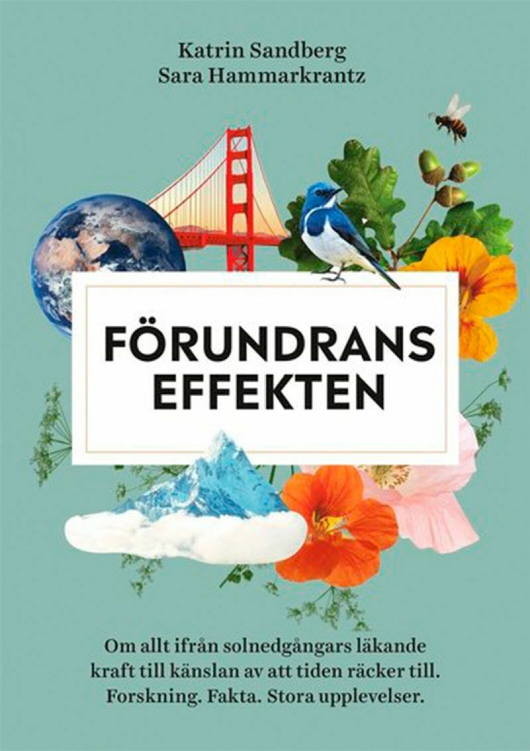 <em>Förundrans effekten</em> lär oss att stanna upp. Bokomslag till Förundrans effekten, collage över blommor, berg och fåglar.
