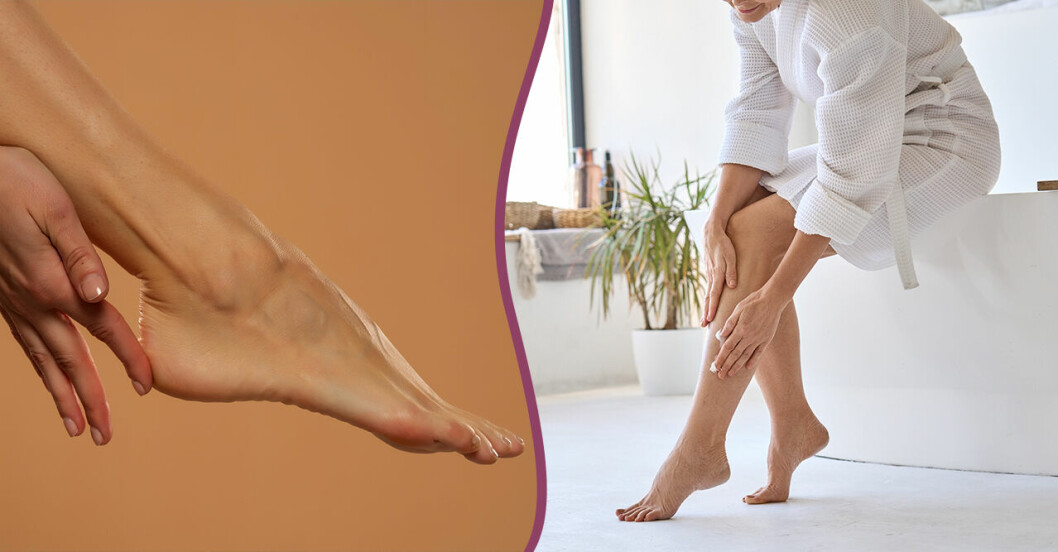 Splitbild: En fot och en kvinna som smörjer in benet