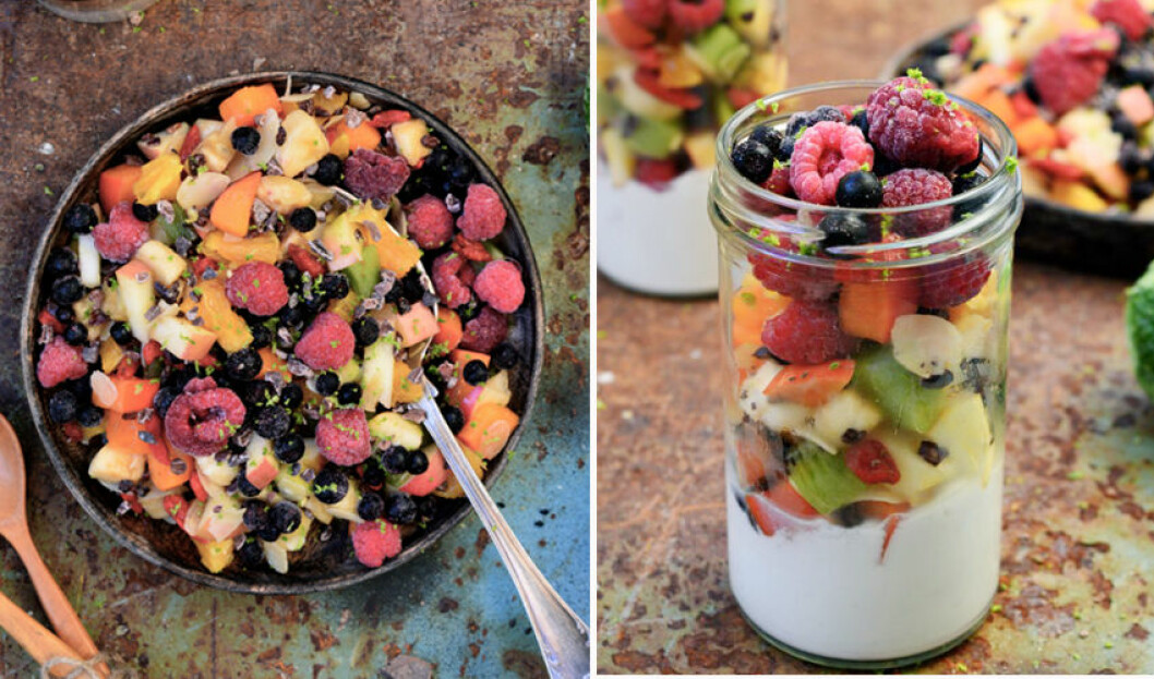 Fruktsallad med hallon.