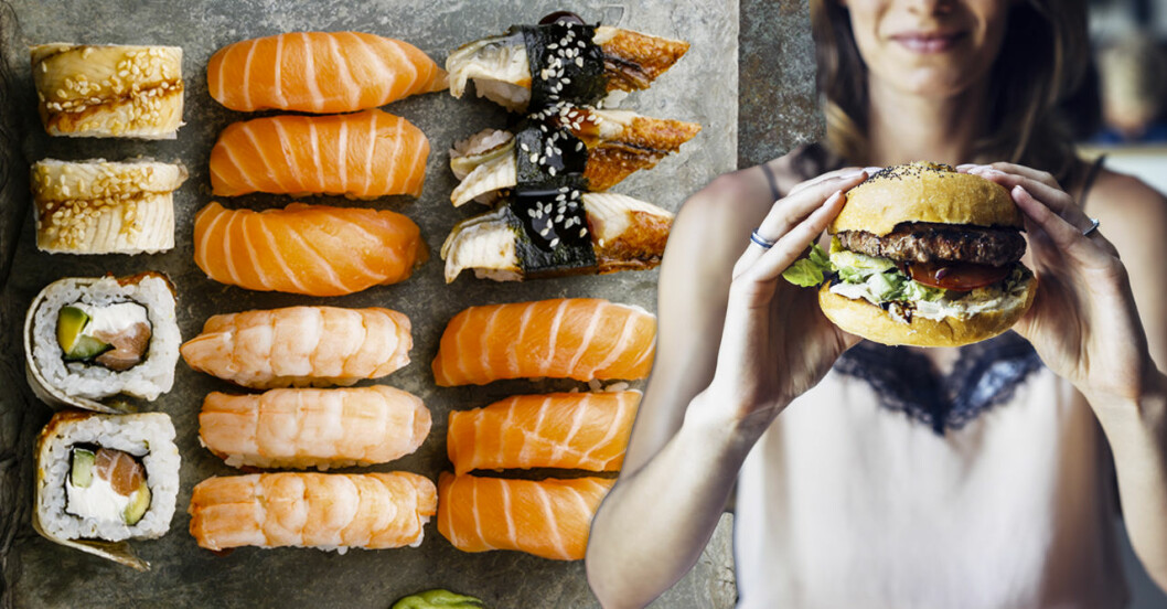 Gluten kan finnas i både sushi och hamburgaren.