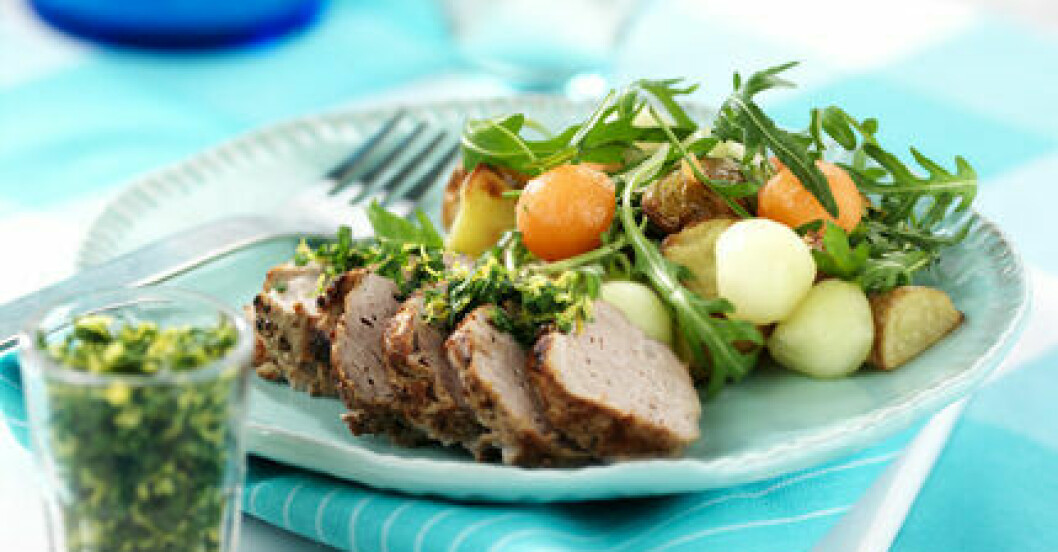 Fläskfilé med potatis och melon.