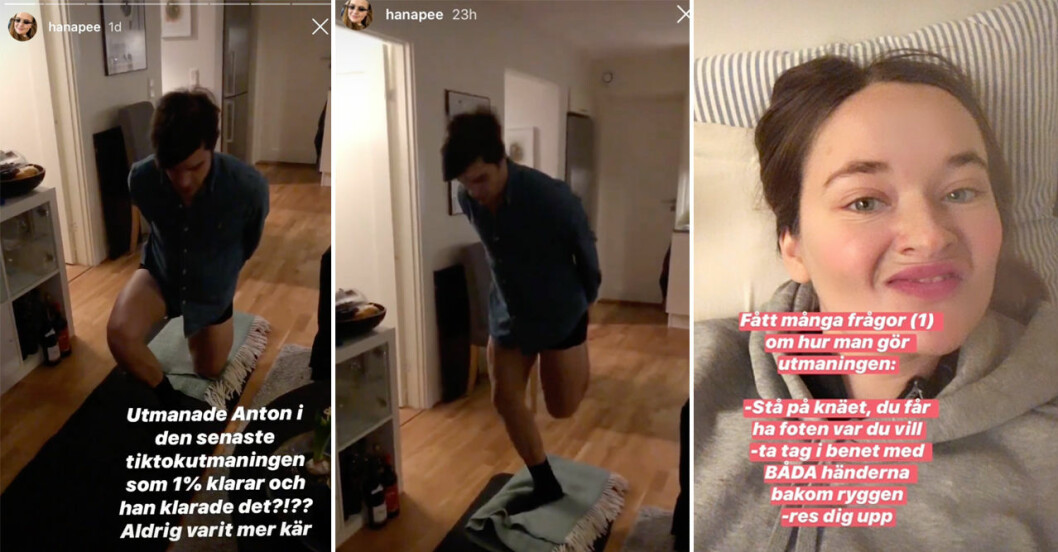 Hanna Perssons story visade hur fästmannen lyckas med utmaningen. tiktokutmaningen, Hanna Persson @hanapee