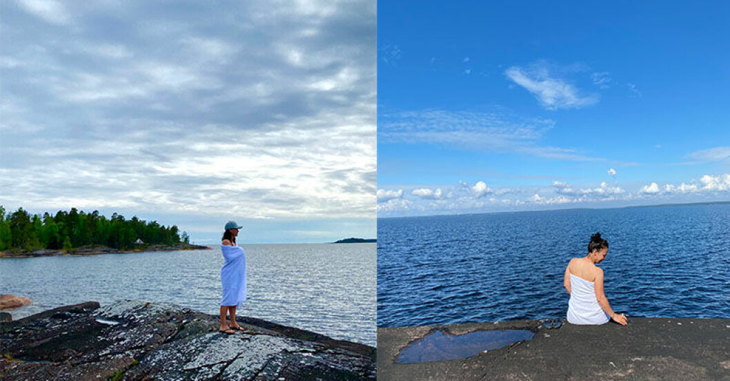 Det blev både kvällsbad och morgondopp. Sandra vid sjön