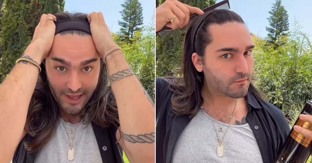 Steg 3: Trä på dig hårbandet. Steg 4: Spraya håret och kamma håret som är framtill hårbandet.<br class=""><span class=" italic" data-lab-italic_desktop="italic">Foto: Mattloveshair, Instagram.</span> Hårstylisten Matt Newman visar steg 3 och 4