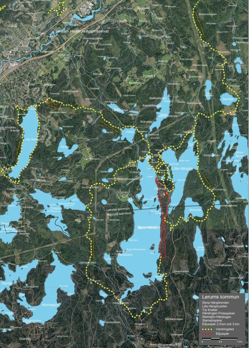 Det finns många leder att välja mellan i Härskogen. <a href="http://lerum.se/globalassets/global/bildhanteraren/uppleva-och-gora/friluftsliv/natur/vandringsleder-oversiktskarta.pdf" target="_blank" rel="noopener">Se större karta här.</a> Härskogen.