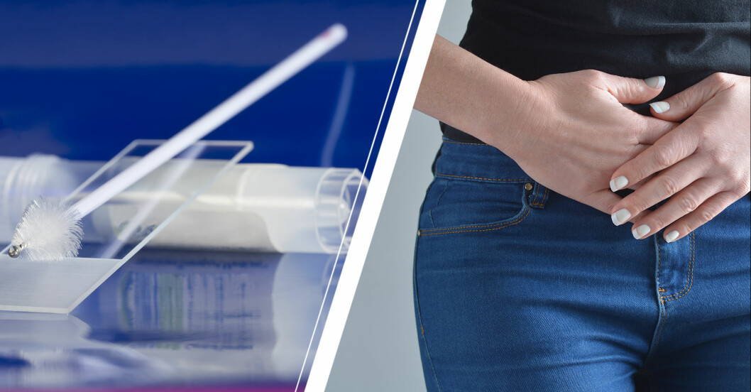 HPV-test hemmakit och kvinna som håller sig på magen