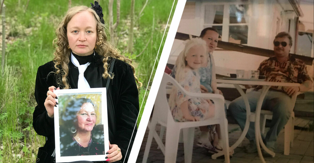 Till vänster: Ida med en bild på sin mamma. Till höger: Ida och hennes föräldrar.