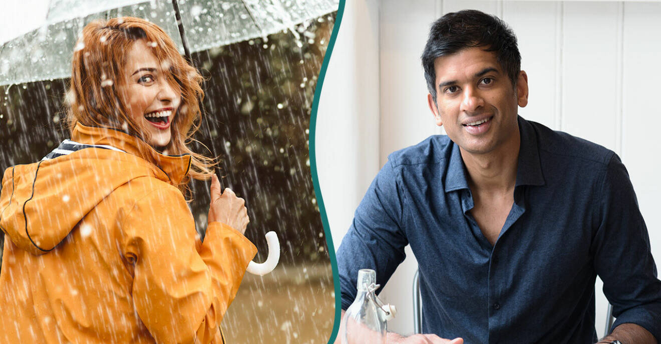 glad kvinna med paraply samt dr chatterjee