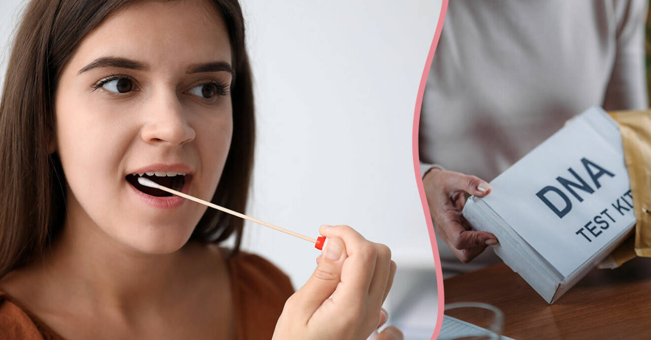 Delad bild på kvinna som tar DNA-test i munnen, samt på händer som öppnar testkit