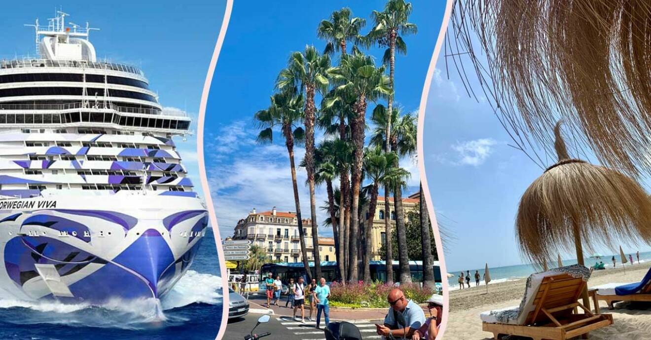 Kryssningsfartyg på Medelhavet, gatuvy från hamnen i Cannes och bild från strand på Ibiza