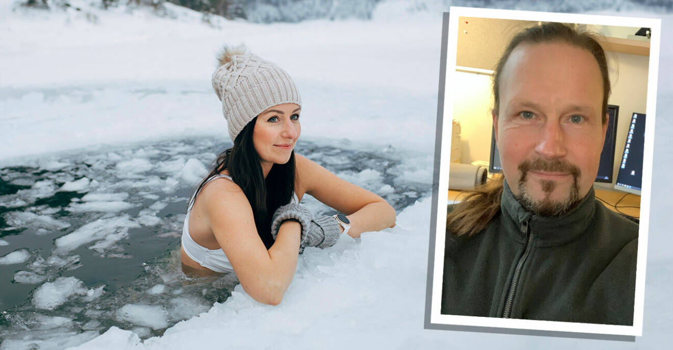 Till vänster en kvinna som badar omgärdad av snö och till höger Fredrik Ny­ström, professor i internmedicin vid Linköpings universitet.