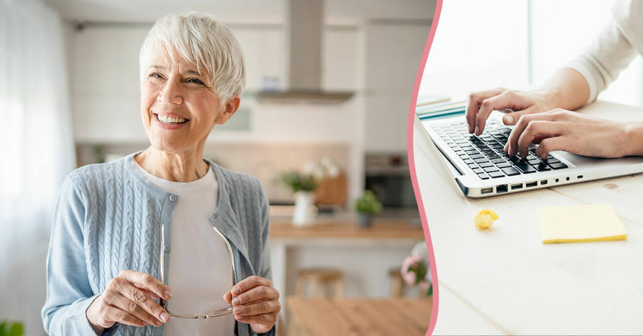 Delad bild på glad senior kvinna samt händer som skriver på laptop
