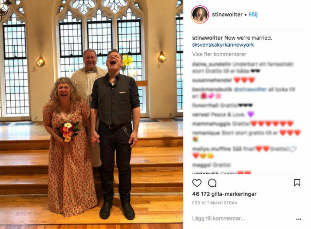 Stina Wollter har gift sig med kärleken Micke Olsson berättar hon själv på Instagram.