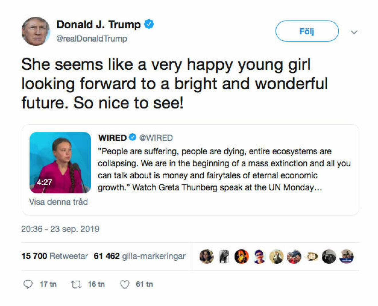 Trumps svar på Greta Thunbergs tal i FN.