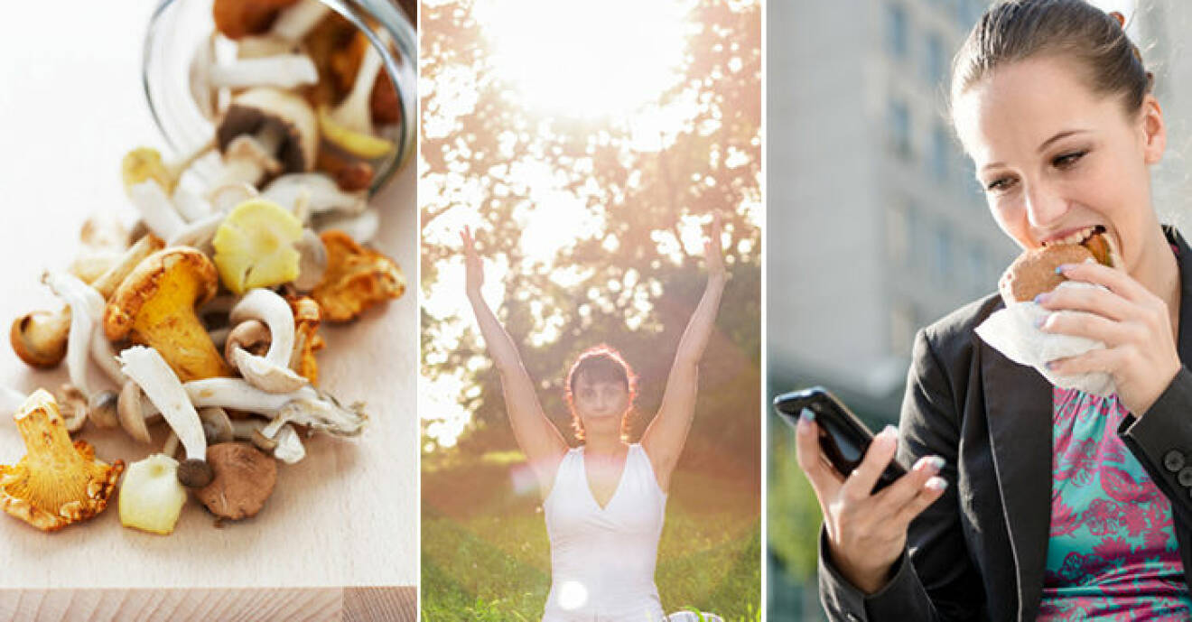 svamp, kvinna som yogar och kvinna som äter en smörgås och tittar i mobilen