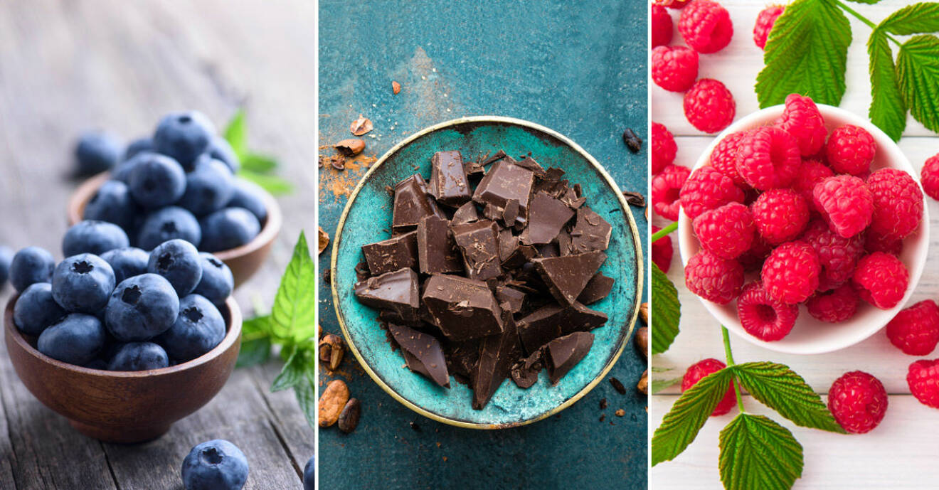 10 källor till antioxidanter: blåbär, mörk choklad och hallon.
