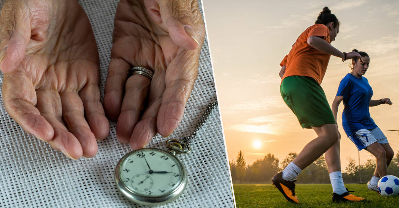 Äldre kvinnas händer med en klocka och två iunga tjejer som spelar fotboll på ett fält