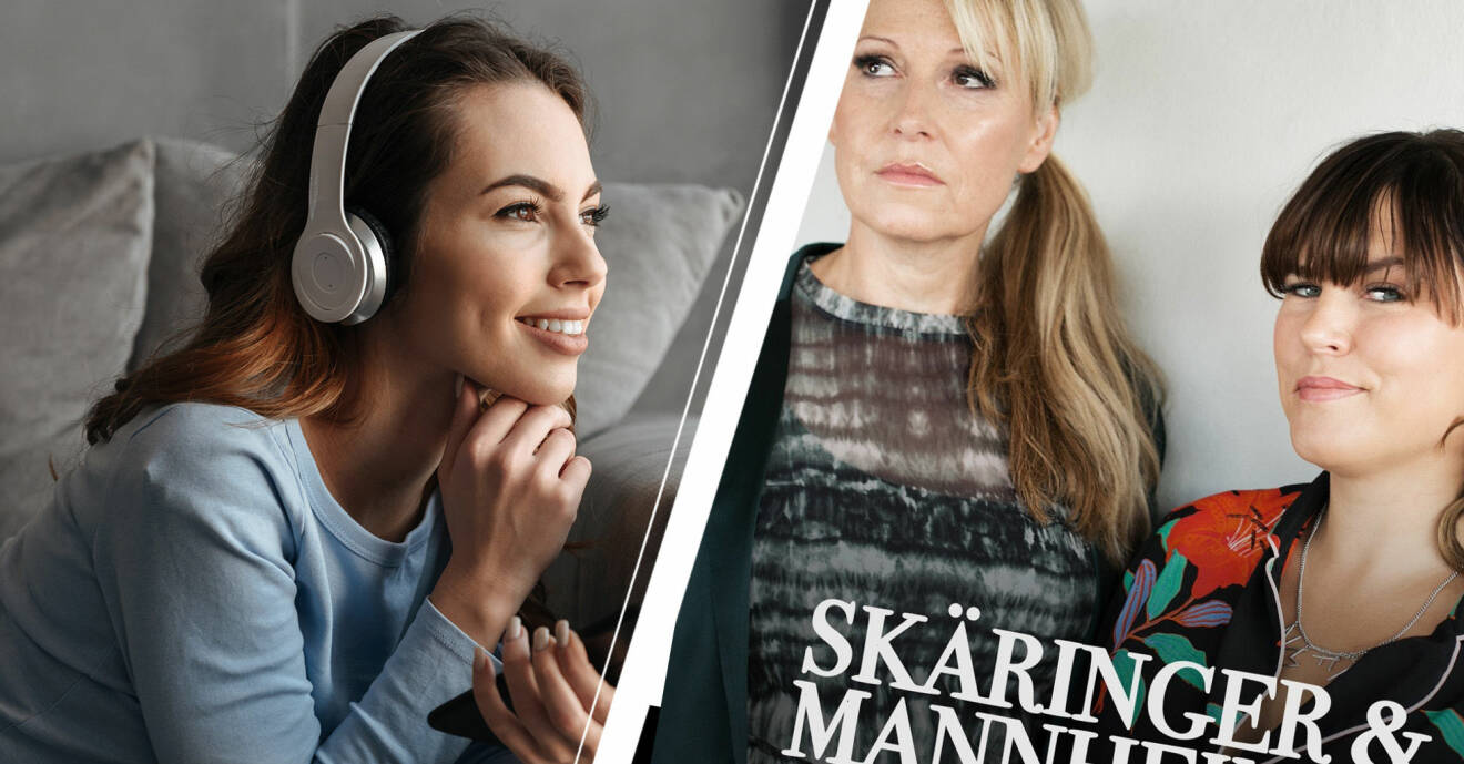 Ungkvinna med hörlurar och telefon plus Anna Mannheimer och Mia Skäringer