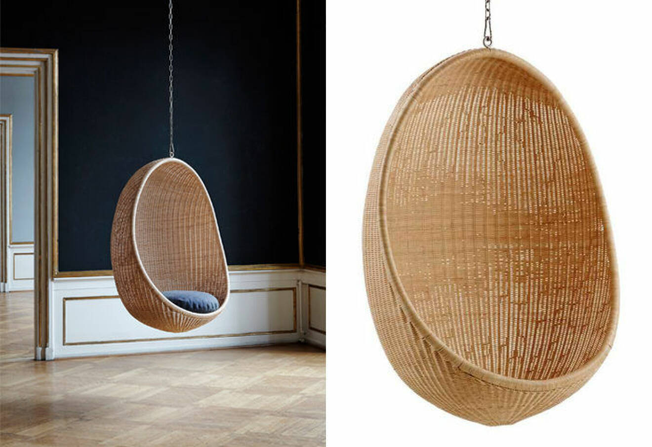 Hanging Egg chair är en designklassiker i naturlig rotting som formgavs av Nanna och Jørgen Ditzel redan år 1959. 