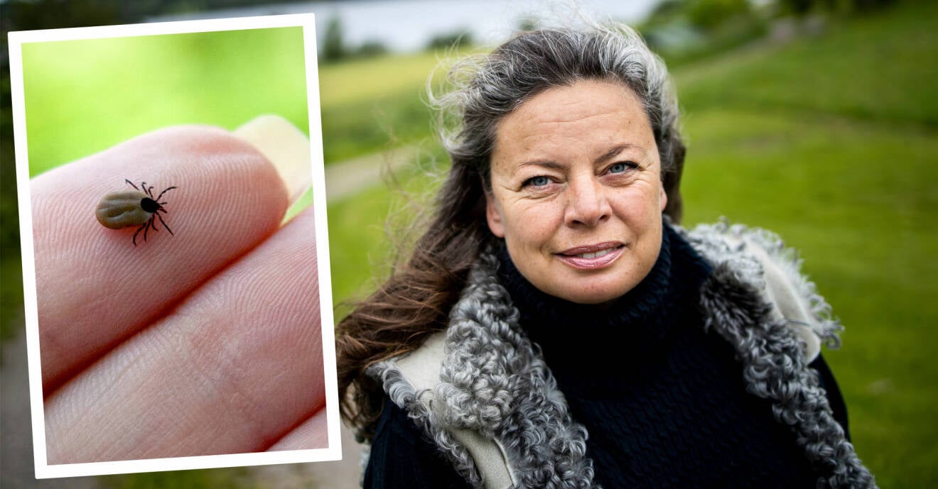 Bild på kvinna med långt grått hår i naturen, infälld bild på fästing på finger