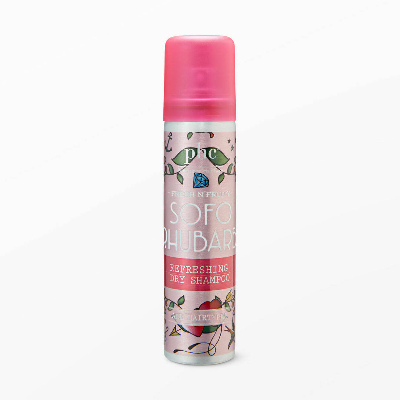 En bild på ett torrshampo, produkten Phc – Fresh n' Fruity SOFO Rhubarb Dry Shampoo.