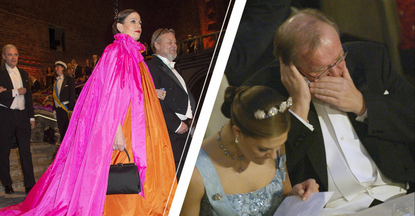 Kollage från Nobelfester, Sara Danius i sin uppmärksammade färgglada klänning och Göran Persson som talar i mobiltelefon intill kronprinsessan Victoria