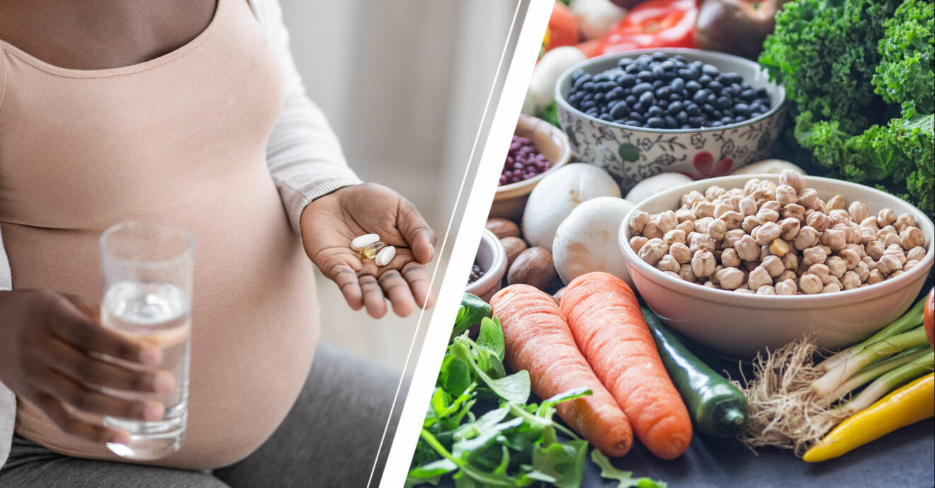 Gravid kvinna tar extra folsyra och äter bönor och grönsaker.