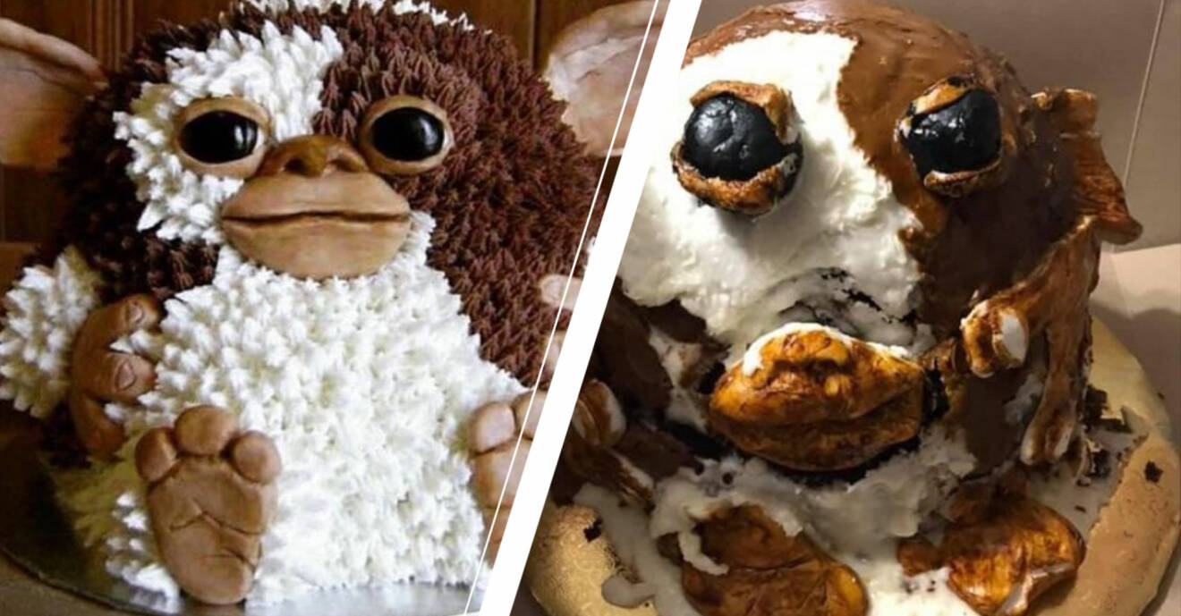 Välgjord tårta som föreställer ett gulligt djur och en misslyckad tårta som försöker efterlikna den första.