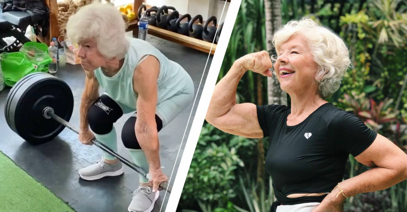 Joan MacDonald gör ett marklyft i gymmet samt en bild på när hon spänner sina muskler.